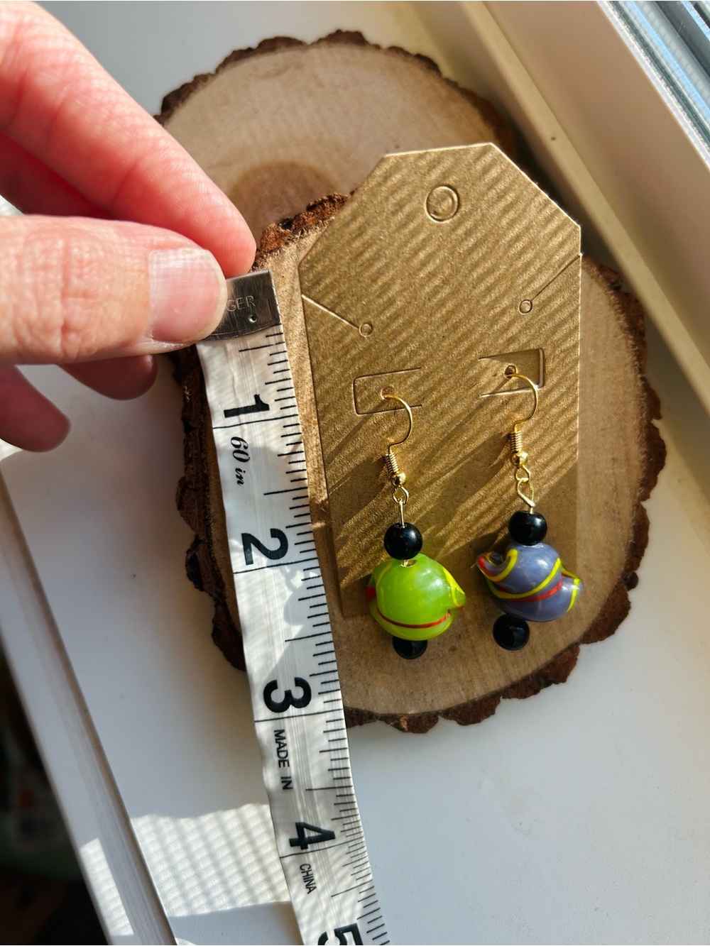 Colorful Swirl Beaded Earrings Handmade Mismatched Jewelry Neon Green Purple - Picture 6 of 6